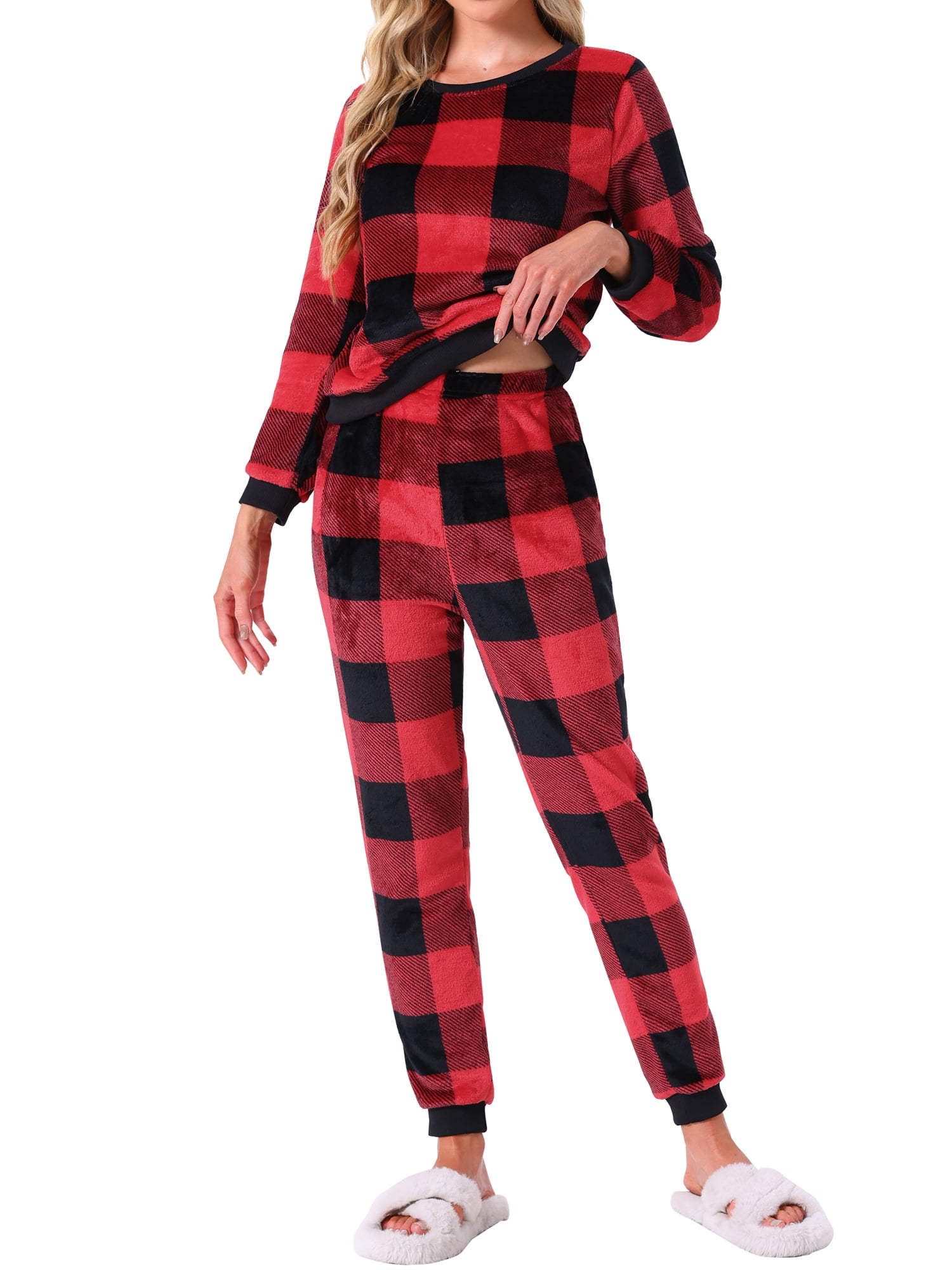 DARING DIVA Women's Fuzzy Fleece Pajama Sets Long Sleeve Top with Pants for Winter L Red