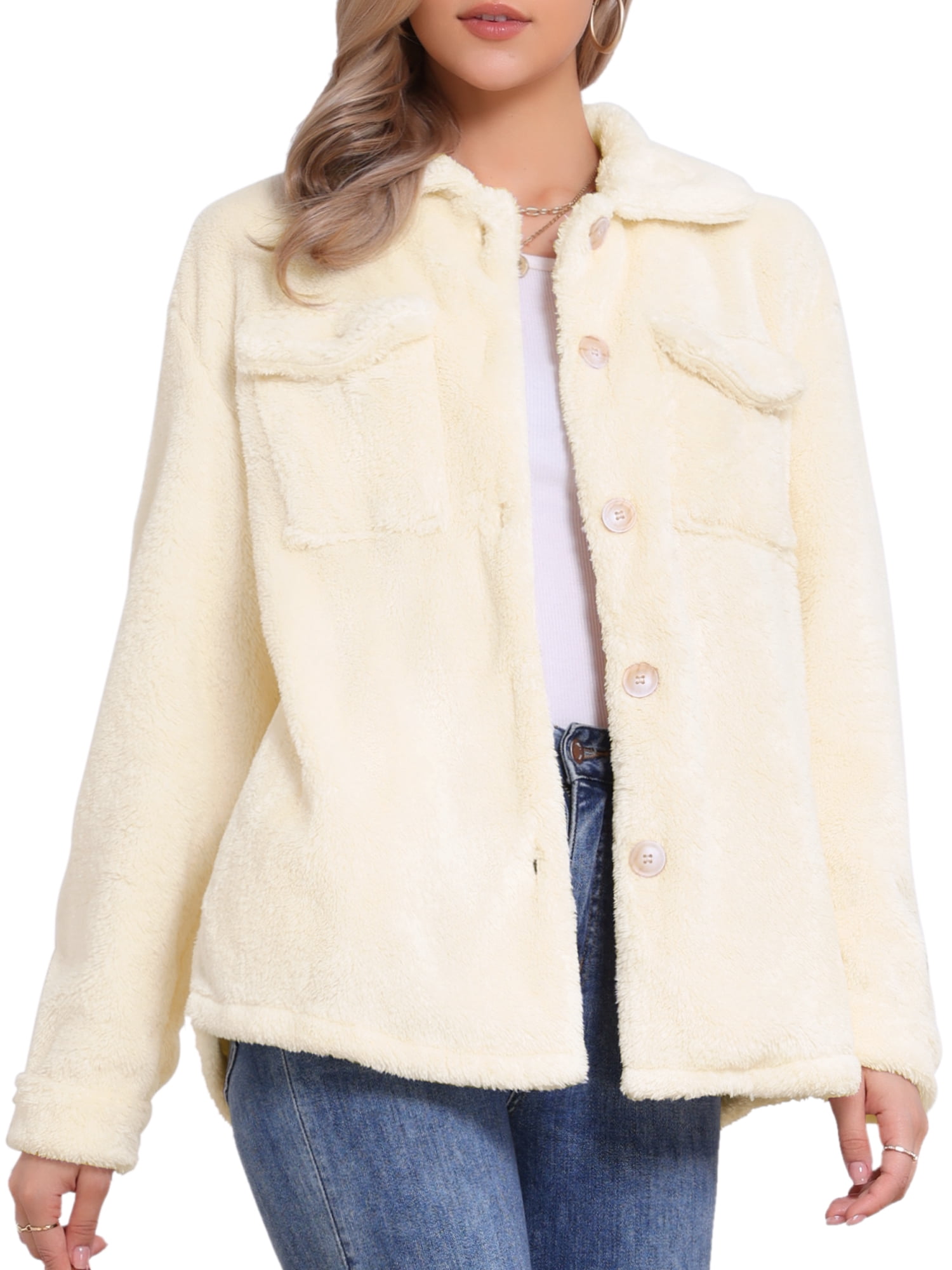 DARING DIVA Women's Fuzzy Teddy Pockets Button Down Faux Fur Coats M Beige