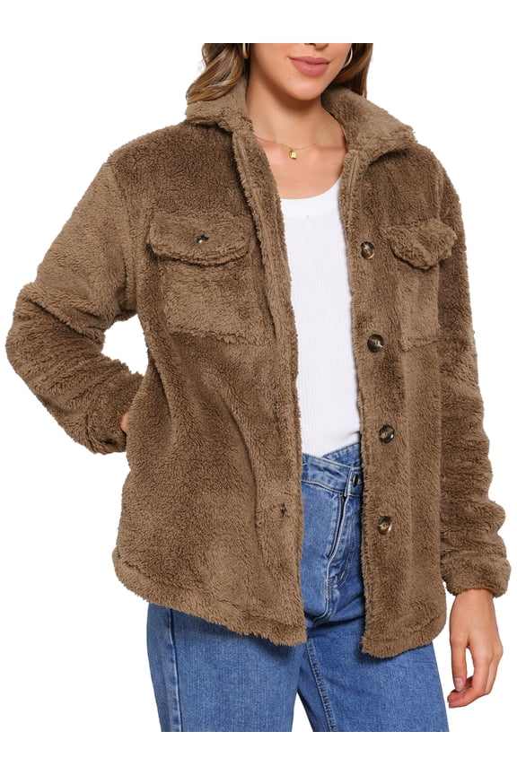 Women's Fuzzy Teddy Pockets Button Down Faux Fur Coats M Brown