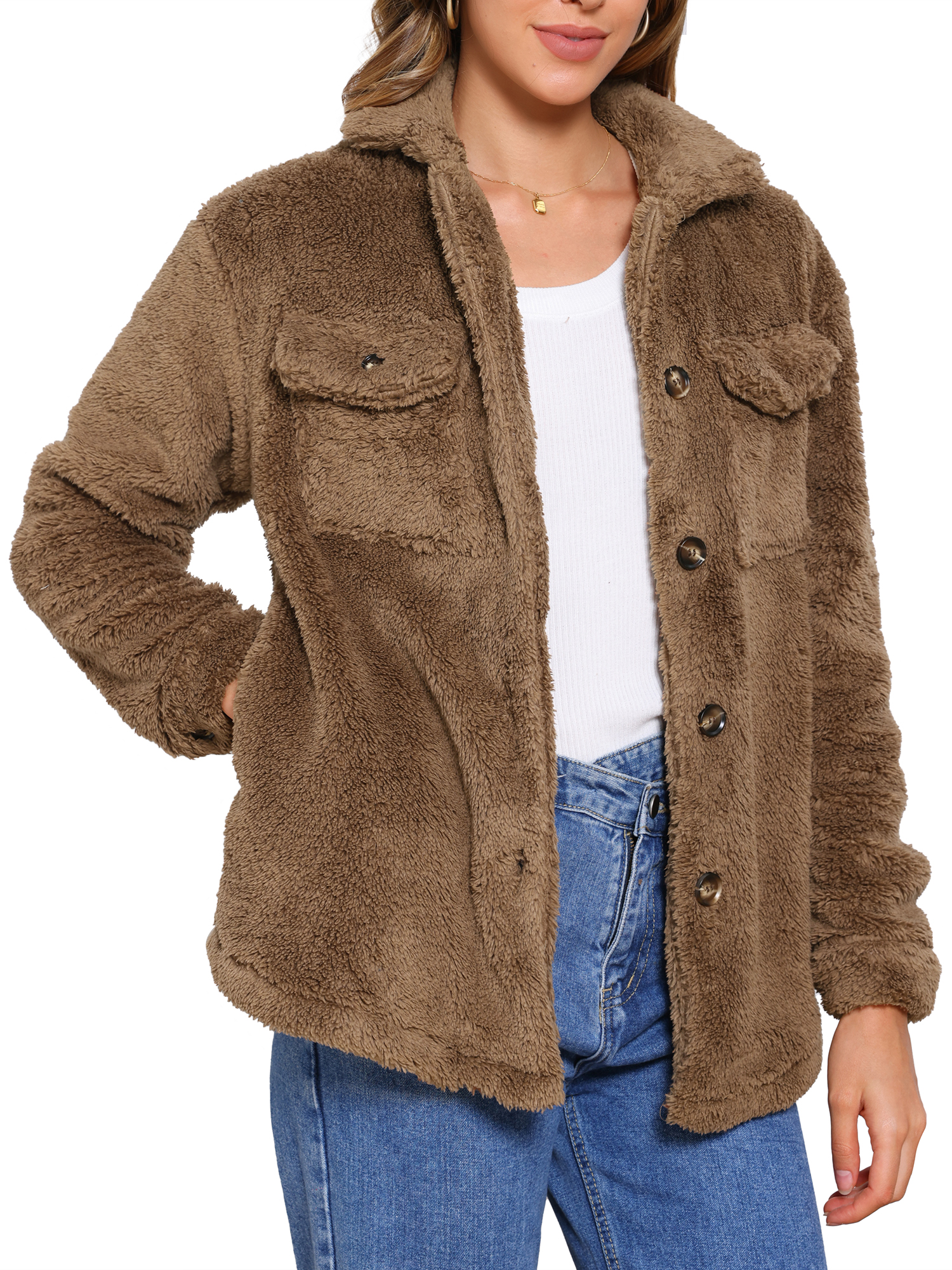 DARING DIVA Women's Fuzzy Teddy Pockets Button Down Faux Fur Coats S Brown
