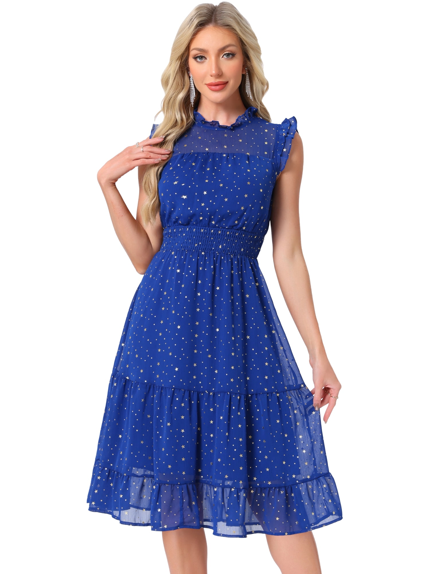 DARING DIVA Women's Gilding Metallic Stars Chiffon Jewel Neck Dresses L Royal Blue
