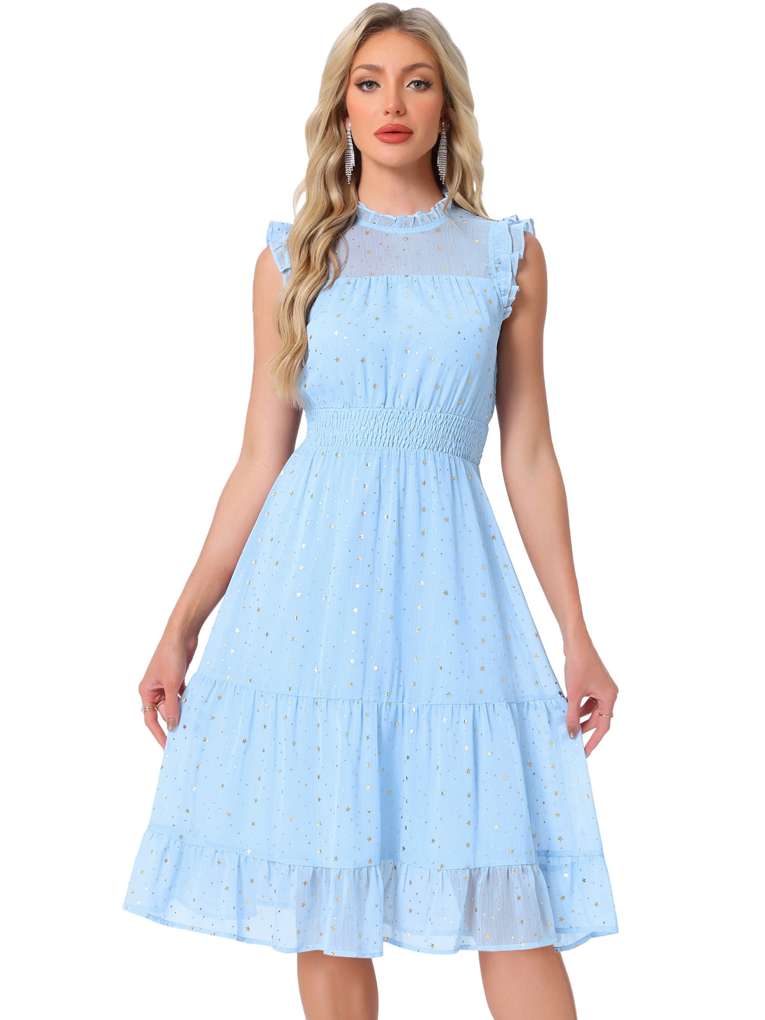DARING DIVA Women's Gilding Metallic Stars Chiffon Jewel Neck Dresses S Light Blue