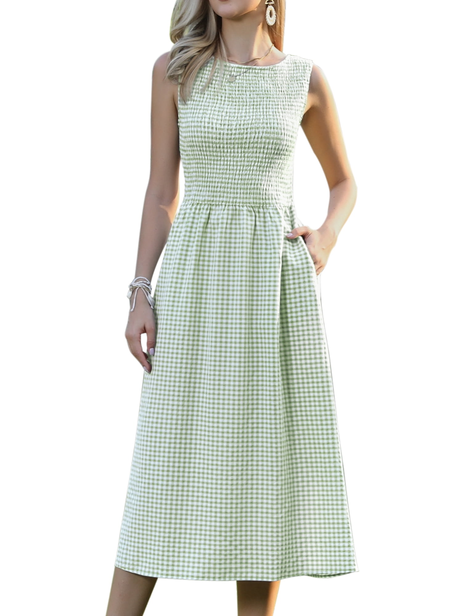 DARING DIVA Women's Gingha Sleeveless Flowy Vacation Smocked Dress S Light Green