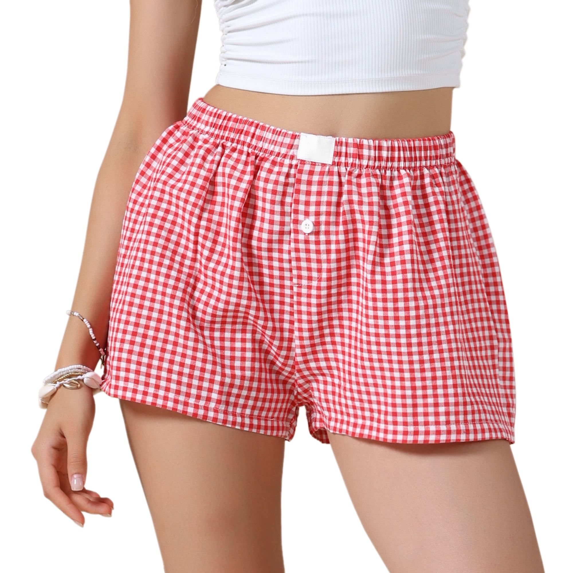 DARING DIVA Women's Gingham Buttons Comfy Breathable Beach Casual Shorts Large Red