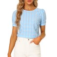 thumbnail image 1 of DARING DIVA Women's Gingham Checkered Plaid Puff Sleeve Keyhole Back Shirt 3XL Light Blue, 1 of 6