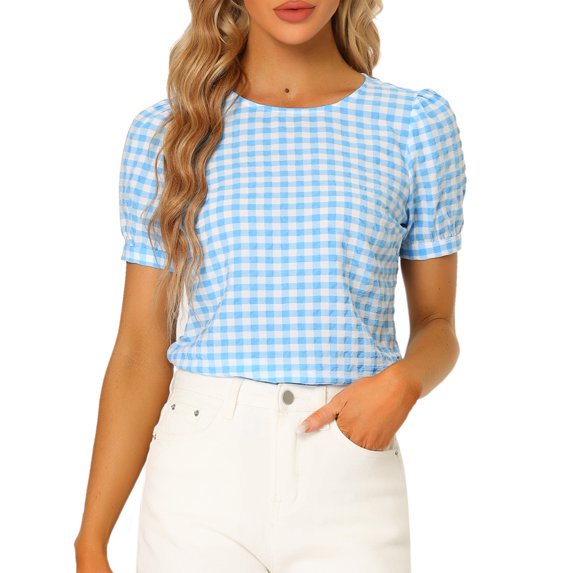 DARING DIVA Women's Gingham Checkered Plaid Puff Sleeve Keyhole Back Shirt 3XL Light Blue