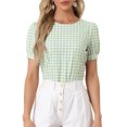 thumbnail image 1 of DARING DIVA Women's Gingham Checkered Plaid Puff Sleeve Keyhole Back Shirt XL Light Green, 1 of 6