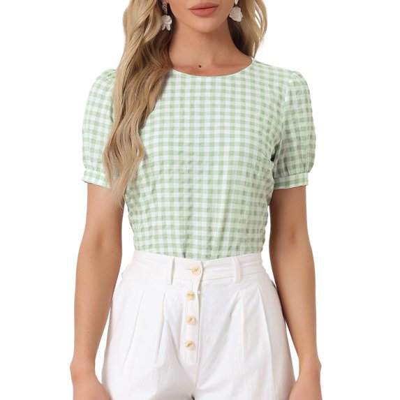 DARING DIVA Women's Gingham Checkered Plaid Puff Sleeve Keyhole Back Shirt XL Light Green