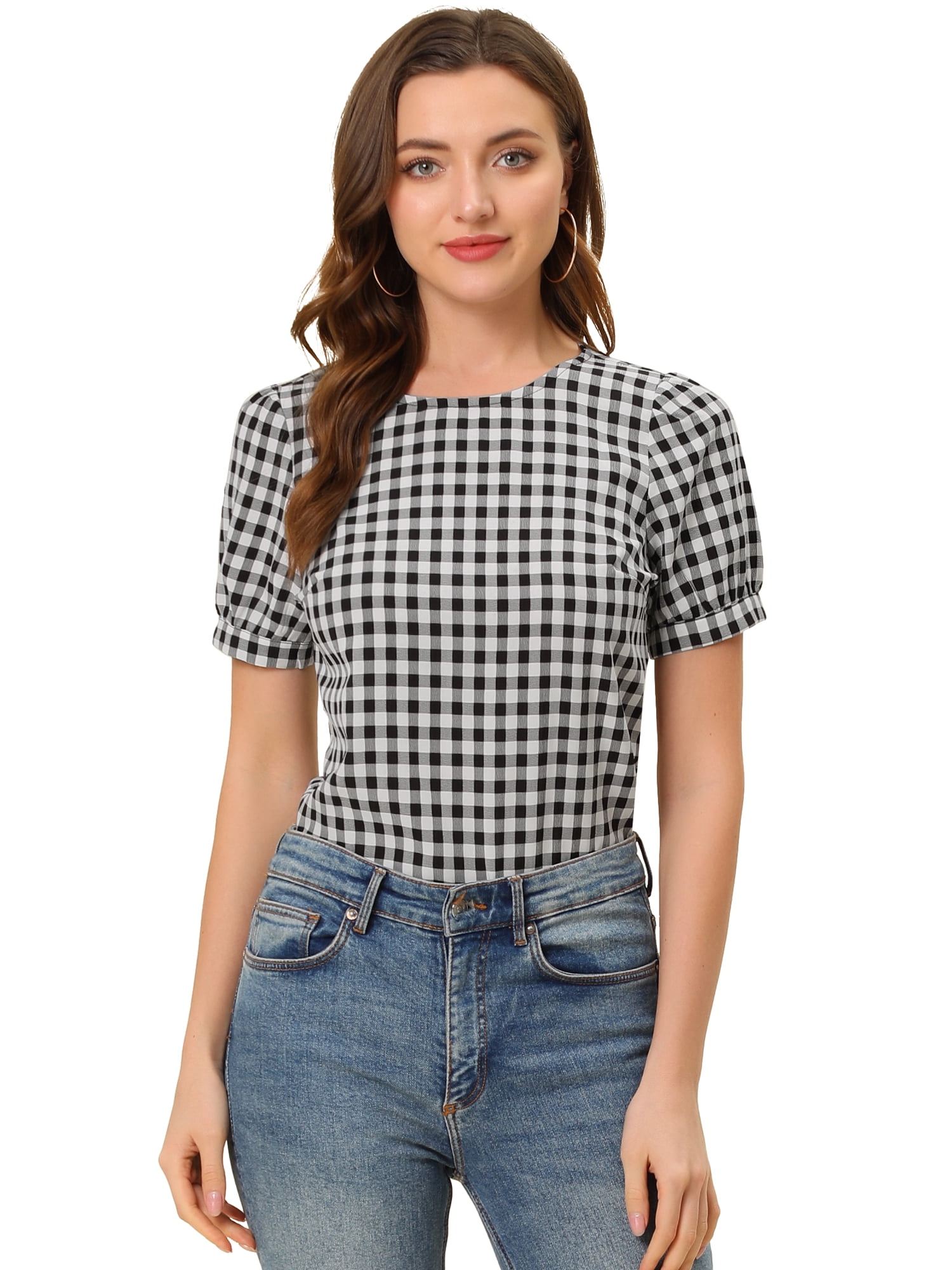 DARING DIVA Women's Gingham Crew Neck Puff Short Sleeve Blouses 2XL Black