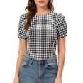 thumbnail image 1 of DARING DIVA Women's Gingham Checkered Plaid Puff Sleeve Keyhole Back Shirt 2XL Black, 1 of 5