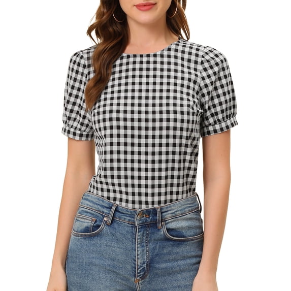 DARING DIVA Women's Gingham Checkered Plaid Puff Sleeve Keyhole Back Shirt 2XL Black