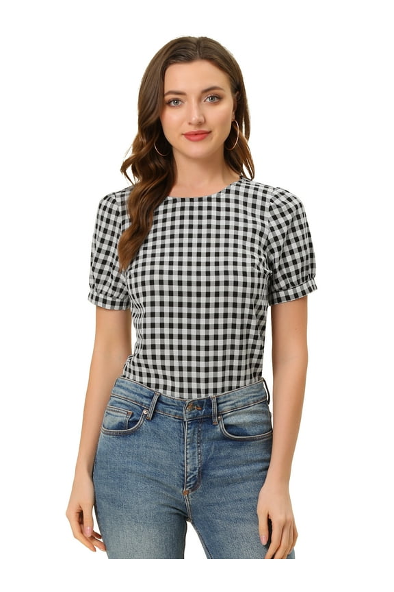 Women's Gingham Crew Neck Puff Short Sleeve Blouses 3XL Black