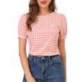 thumbnail image 1 of DARING DIVA Women's Gingham Checkered Plaid Puff Sleeve Keyhole Back Shirt 3XL Watermelon Pink, 1 of 6