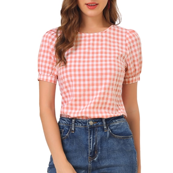 DARING DIVA Women's Gingham Checkered Plaid Puff Sleeve Keyhole Back Shirt 3XL Watermelon Pink