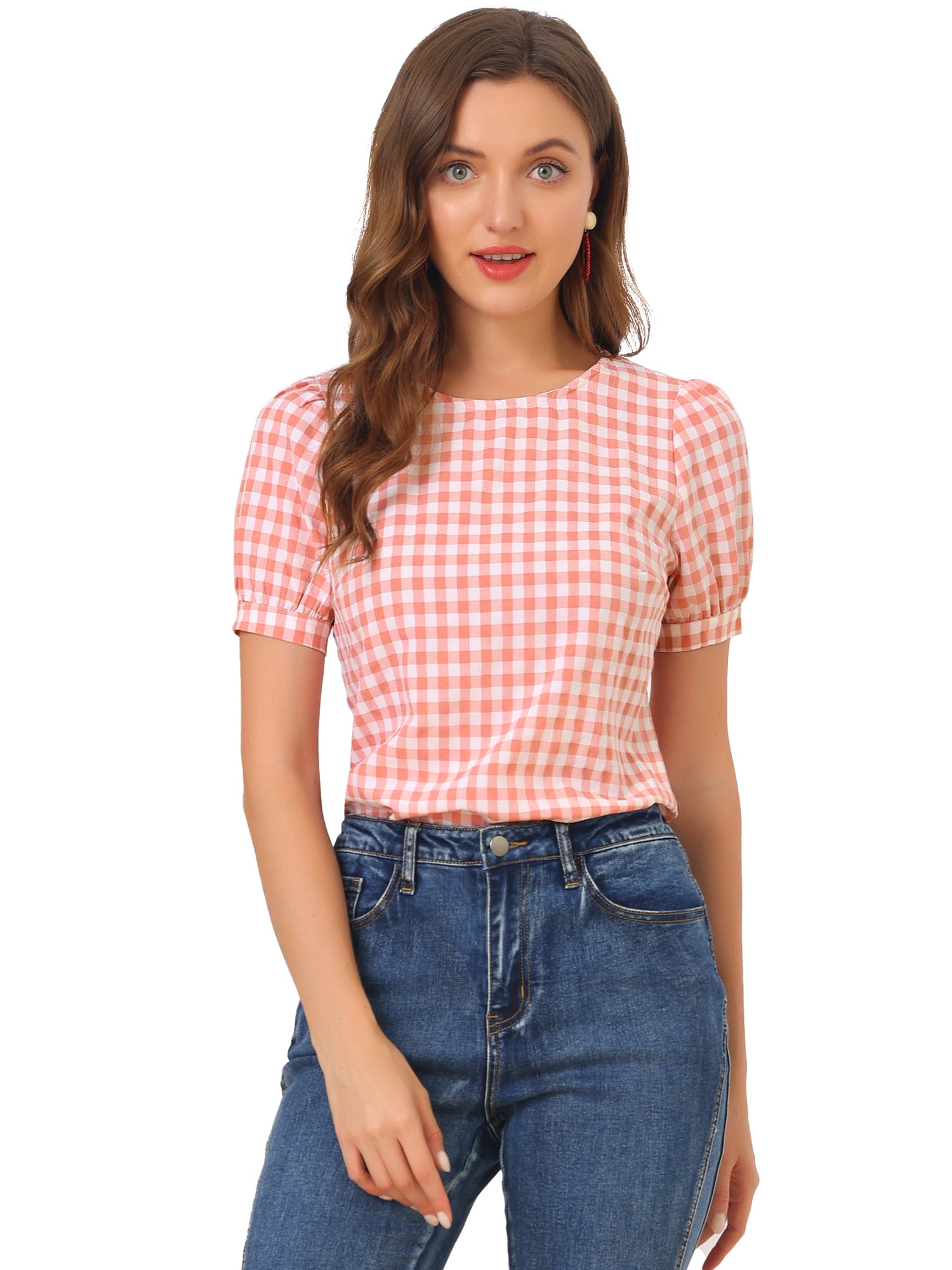 DARING DIVA Women's Gingham Crew Neck Puff Short Sleeve Blouses 3XL Watermelon Pink