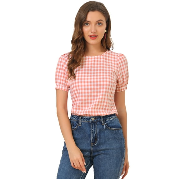 DARING DIVA Women's Gingham Crew Neck Puff Short Sleeve Blouses 3XL Watermelon Pink