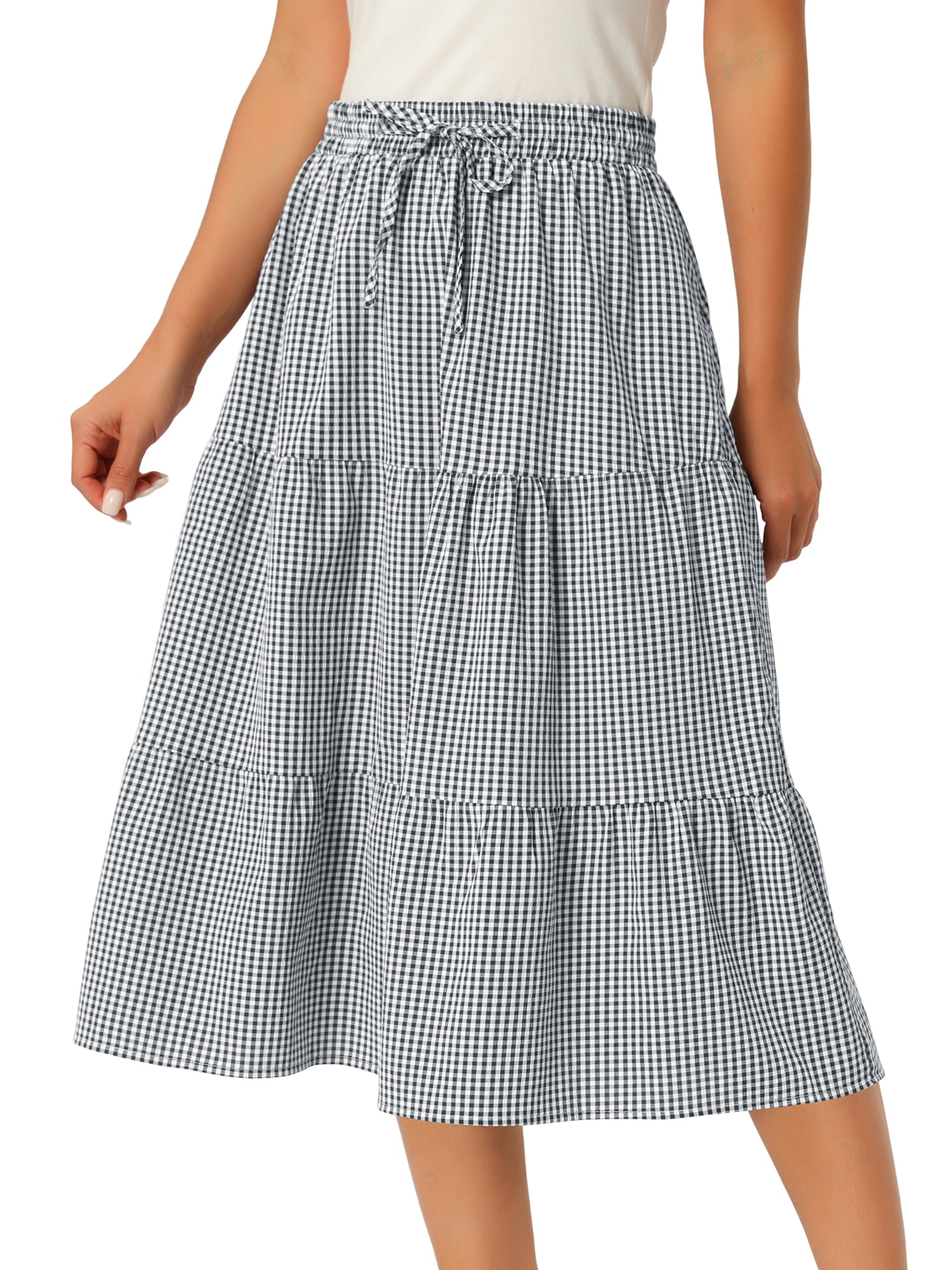 DARING DIVA Women's Gingham Drawstring Waist Tiered A-Line Midi Skirt Large Black