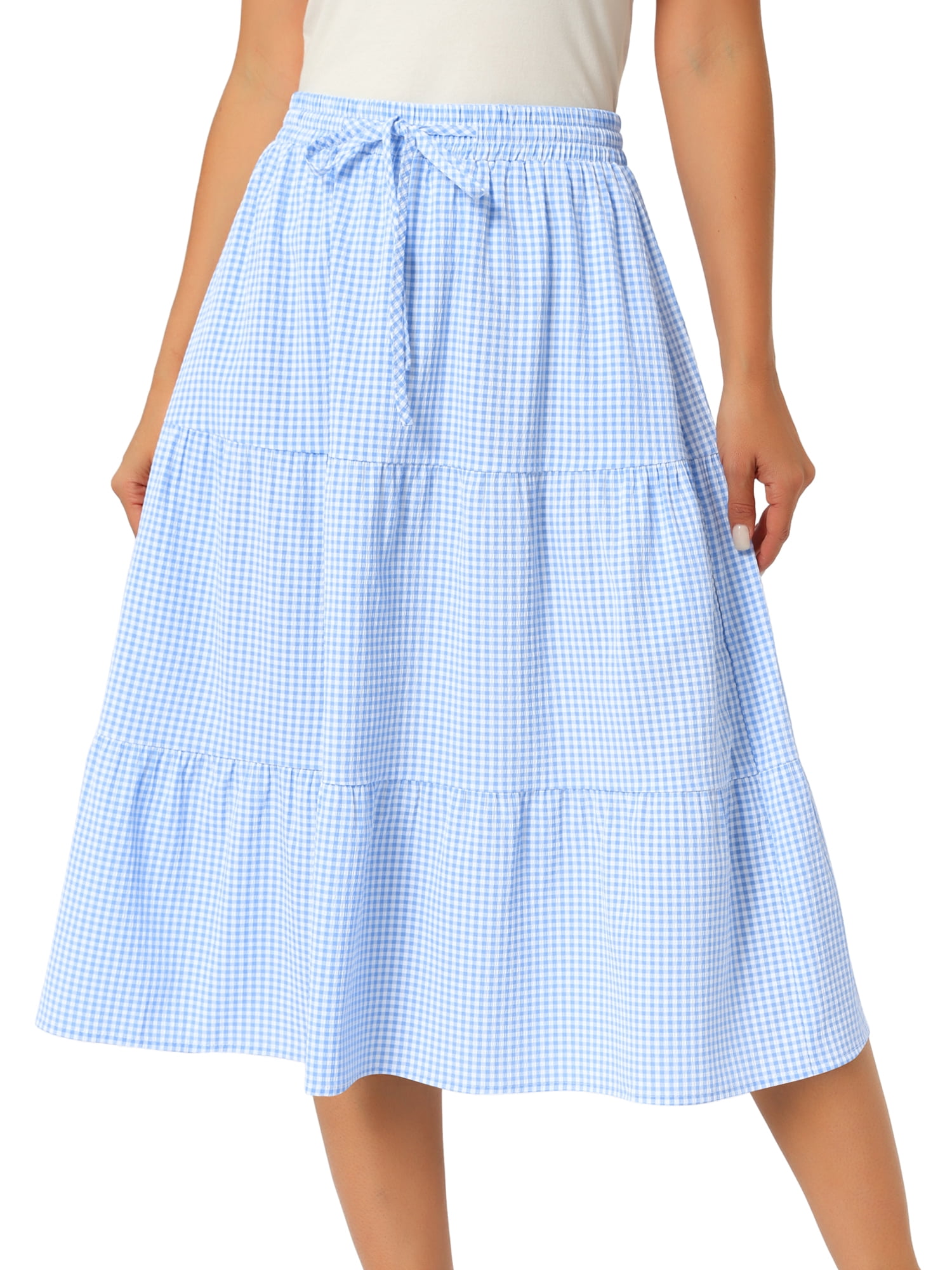 DARING DIVA Women's Gingham Drawstring Waist Tiered A-Line Midi Skirt Medium Sky Blue