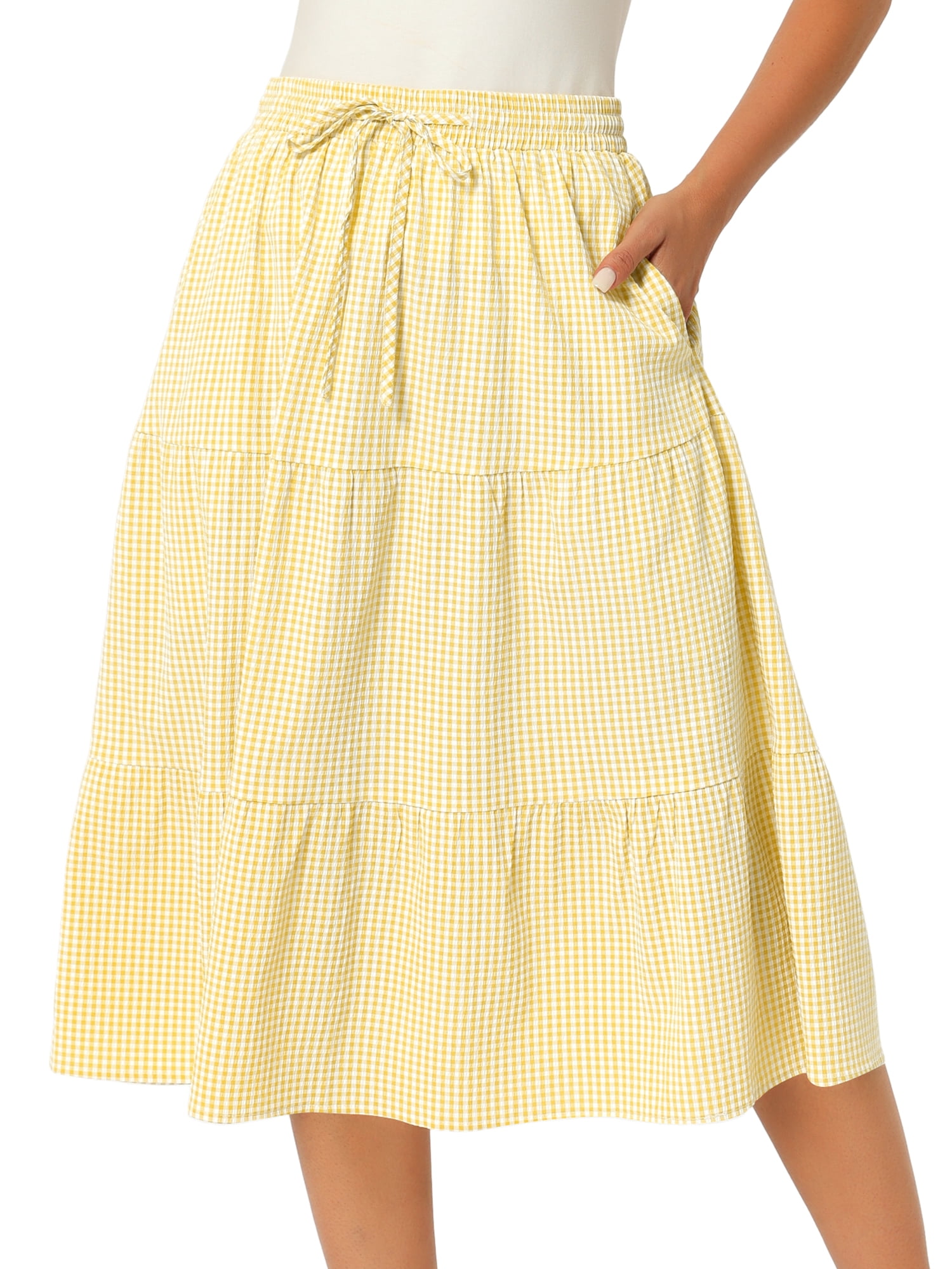 DARING DIVA Women's Gingham Drawstring Waist Tiered A-Line Midi Skirt Small Yellow