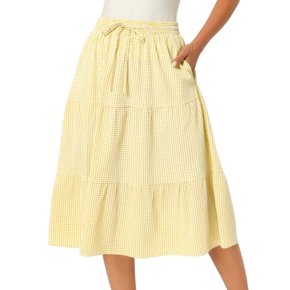 DARING DIVA Women's Gingham Drawstring Waist A-Line Midi Skirt Small Yellow