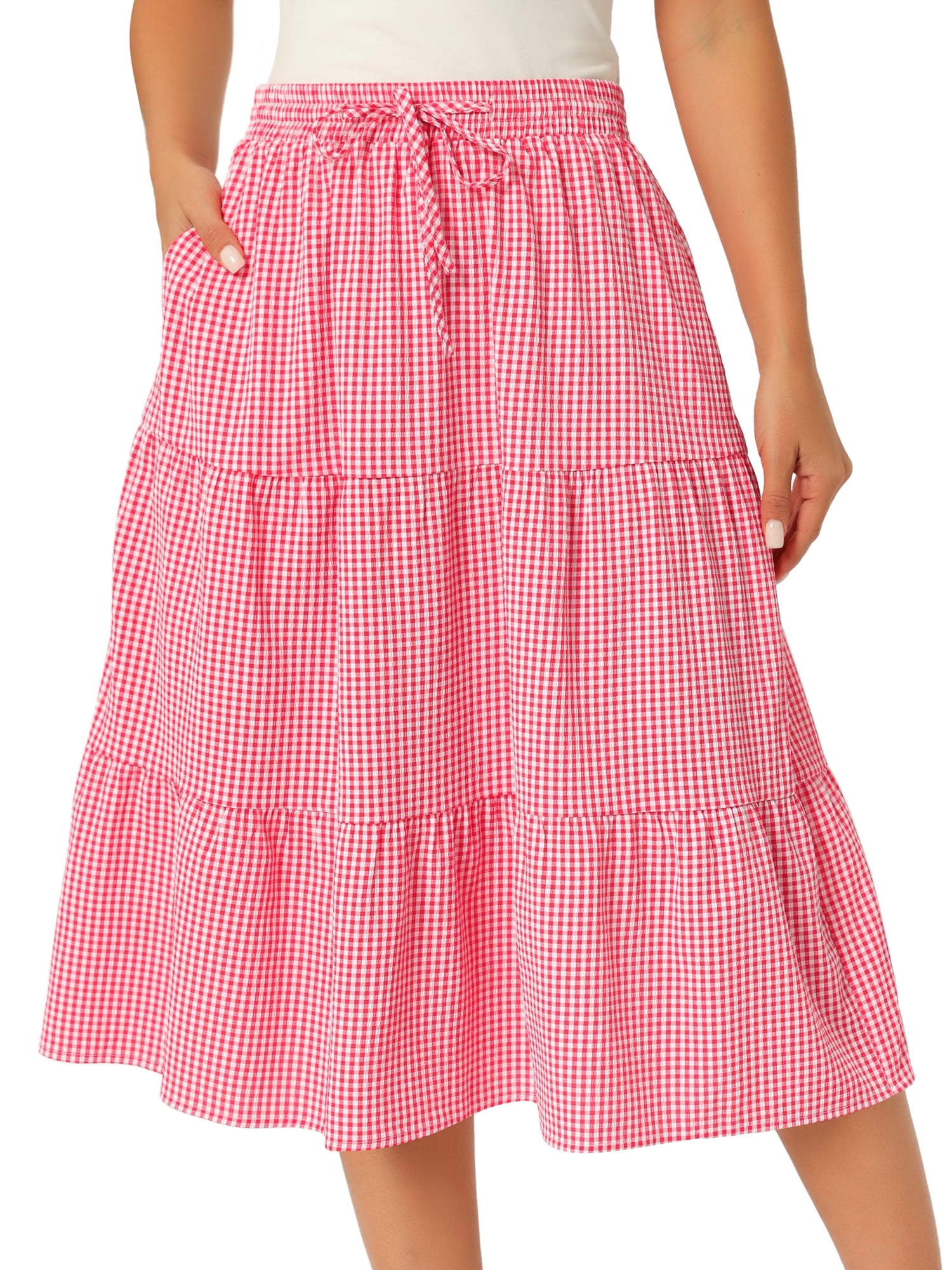DARING DIVA Women's Gingham Drawstring Waist Tiered A-Line Midi Skirt X-Large Red