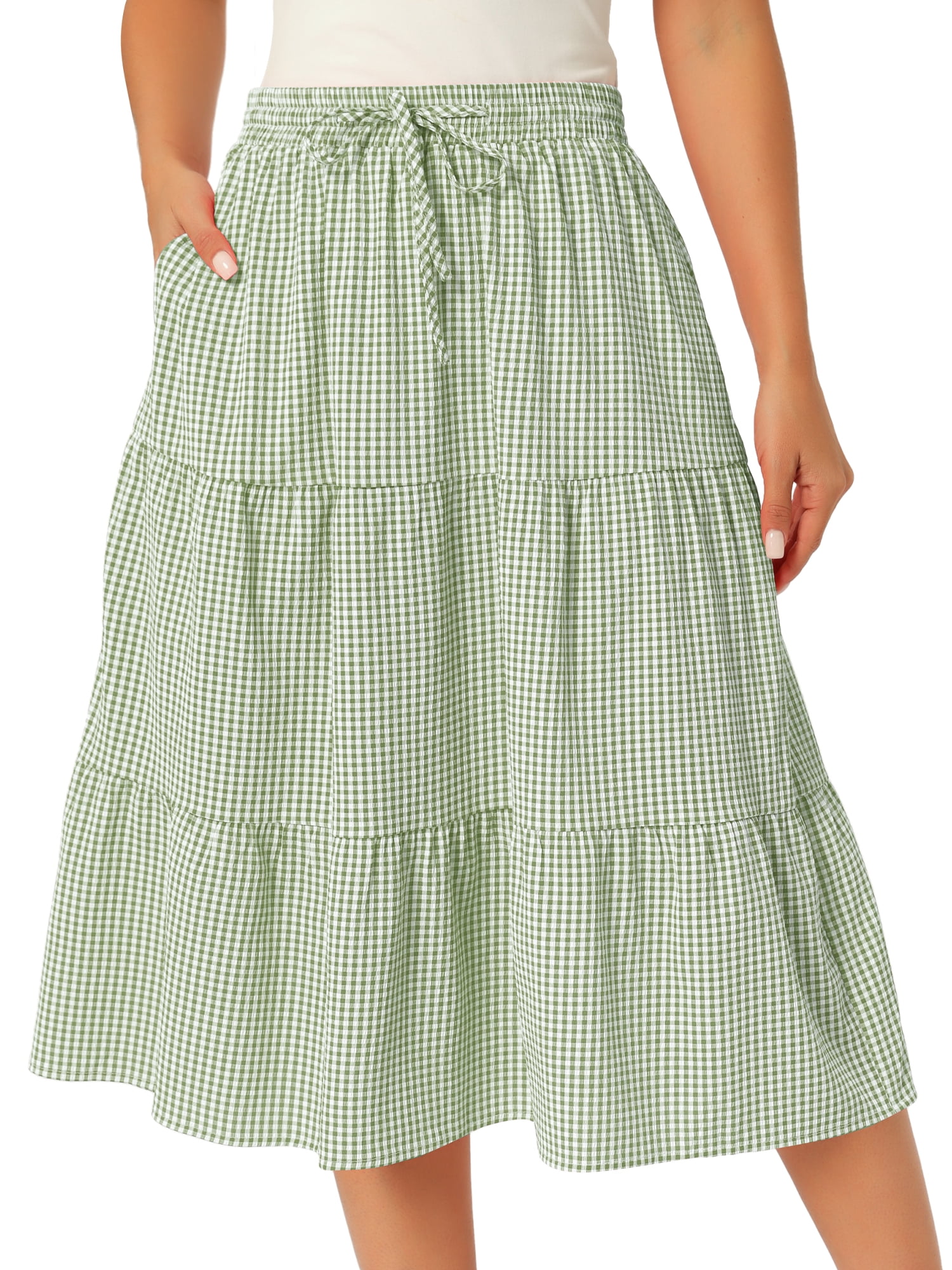 DARING DIVA Women's Gingham Drawstring Waist Tiered A-Line Midi Skirt L Yellow Green