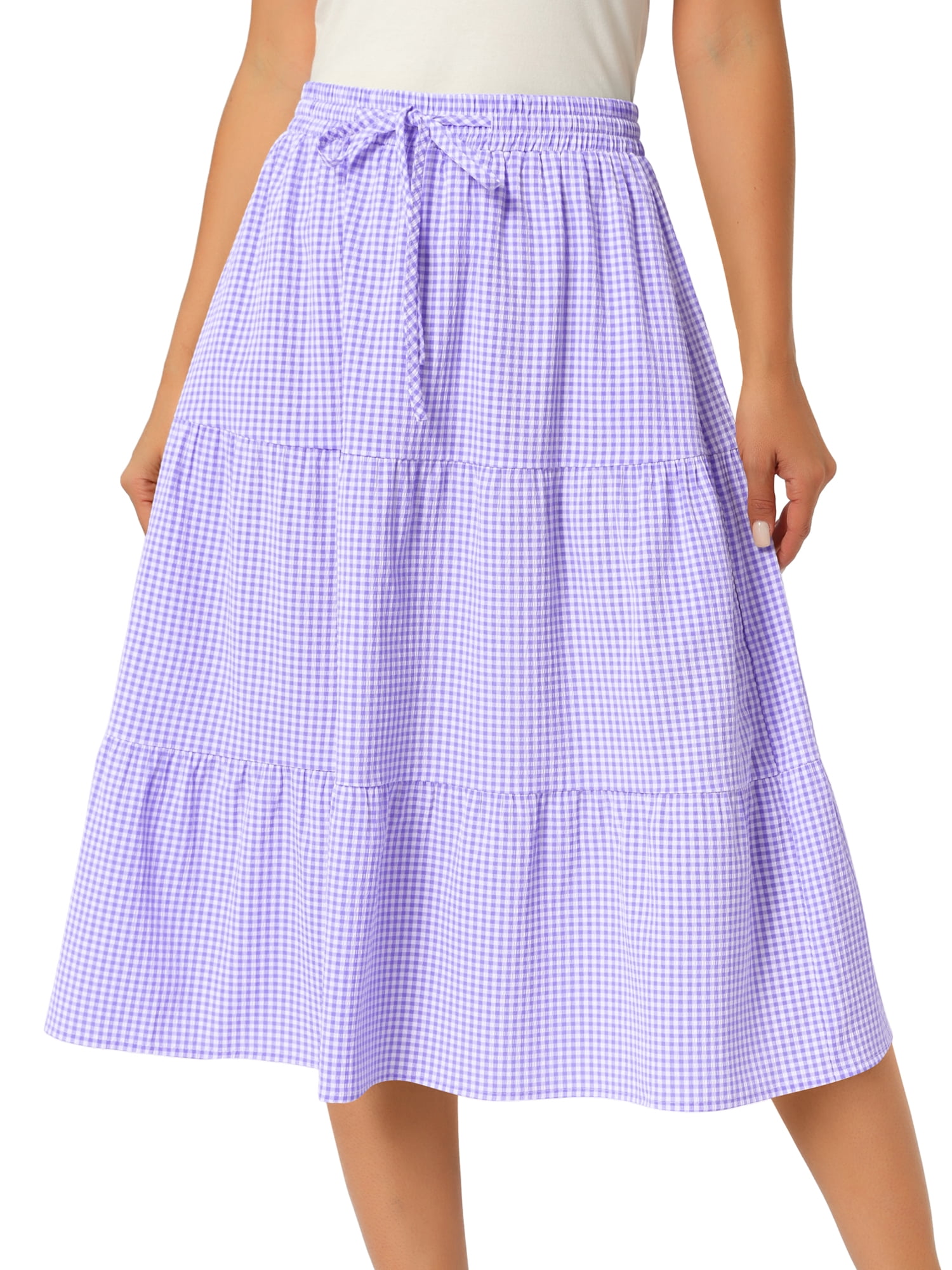 DARING DIVA Women's Gingham Drawstring Waist Tiered A-Line Midi Skirt Large Purple
