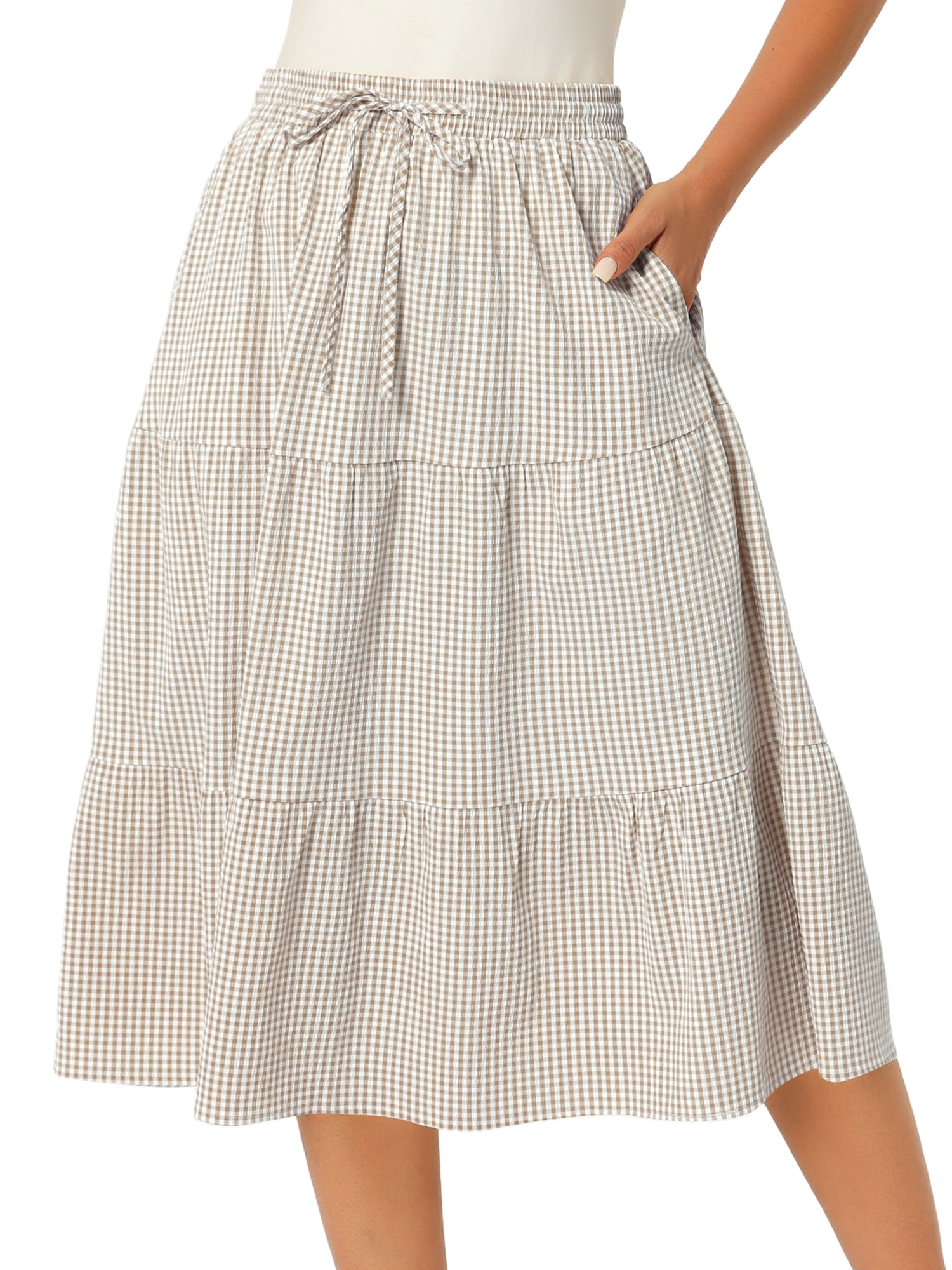 DARING DIVA Women's Gingham Drawstring Waist Tiered A-Line Midi Skirt M Brown