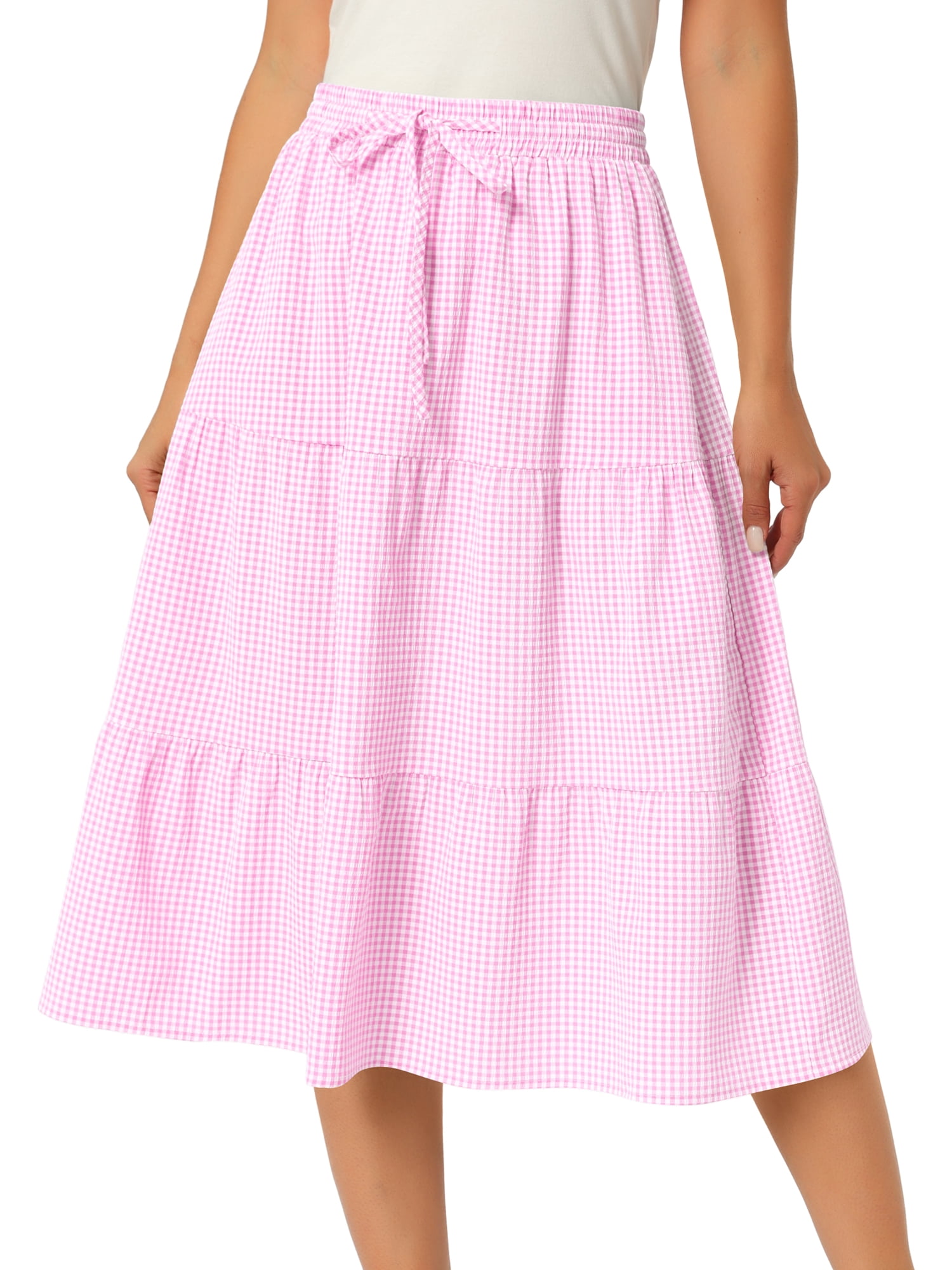 DARING DIVA Women's Gingham Drawstring Waist Tiered A-Line Midi Skirt Small Pink