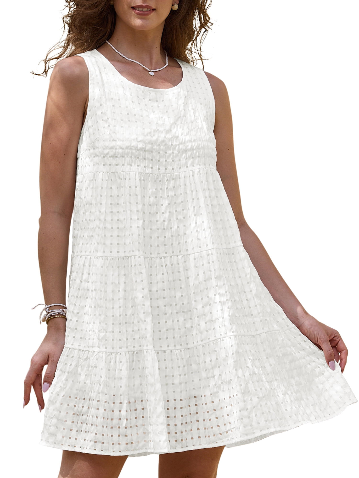 DARING DIVA Women's Gingham Flowy Swing Plaid Tiered Short Dresses 2XL White