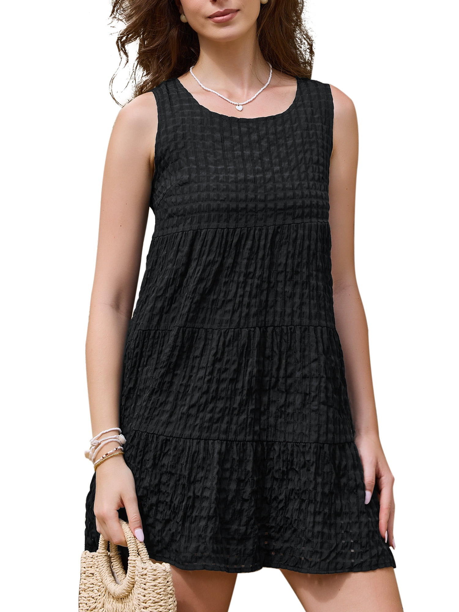 DARING DIVA Women's Gingham Flowy Swing Plaid Tiered Short Dresses L Black
