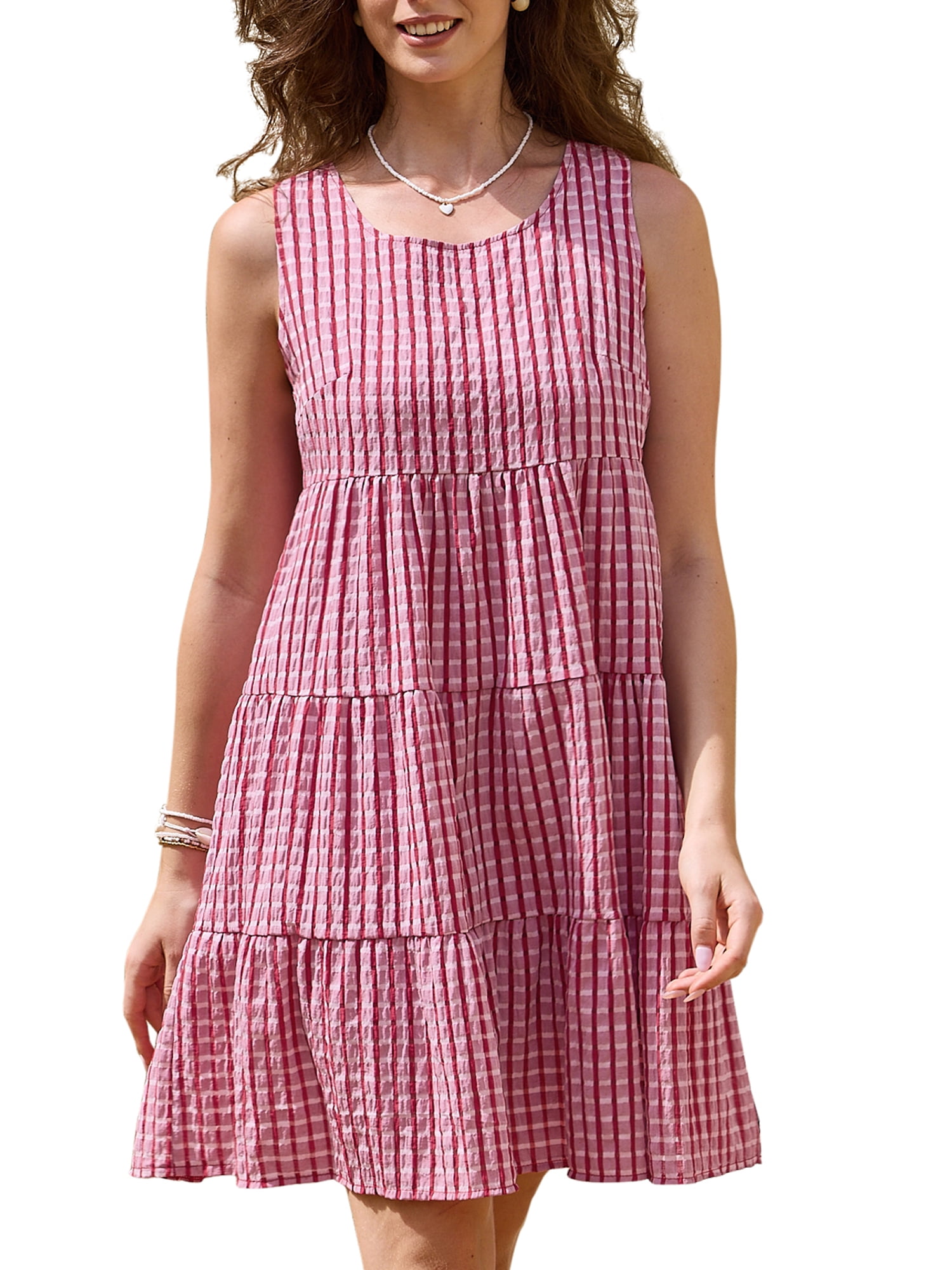 DARING DIVA Women's Gingham Flowy Swing Plaid Tiered Short Dresses S Red
