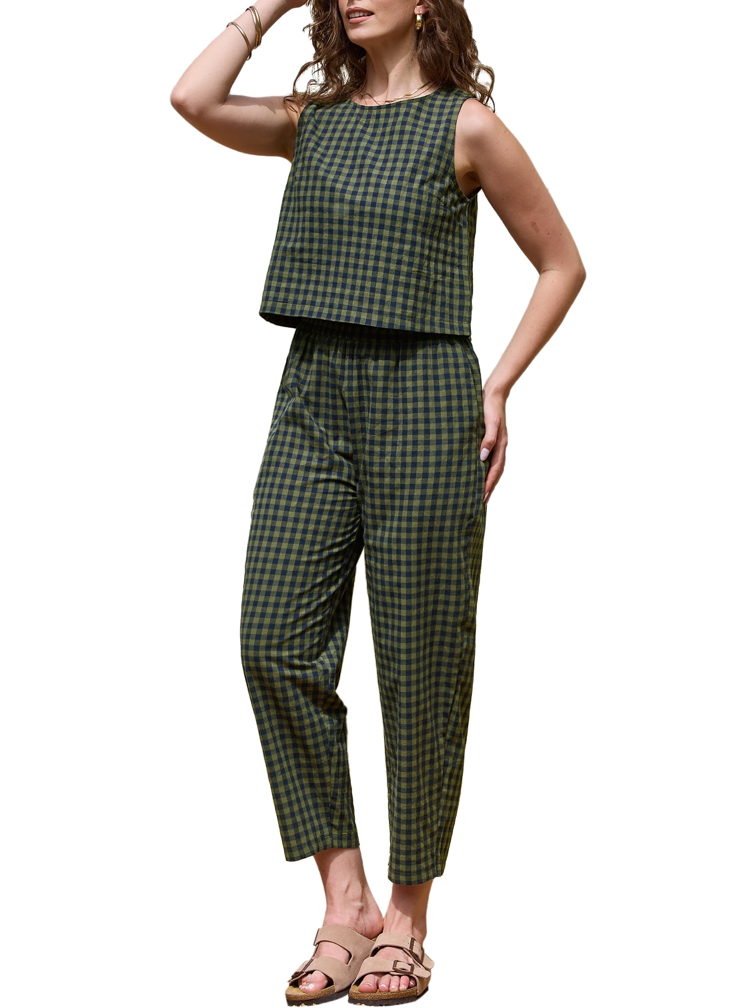 DARING DIVA Women's Gingham Pants Set 2 Piece Outfits Sleeveless Crop Top 2XL Army Green