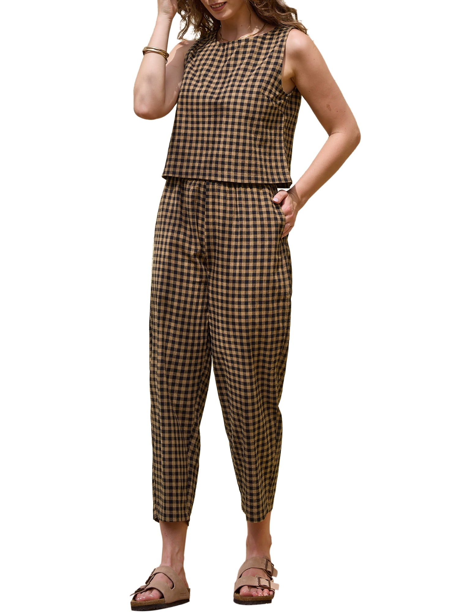 DARING DIVA Women's Gingham Pants Set 2 Piece Outfits Sleeveless Crop Top L Dark Khaki