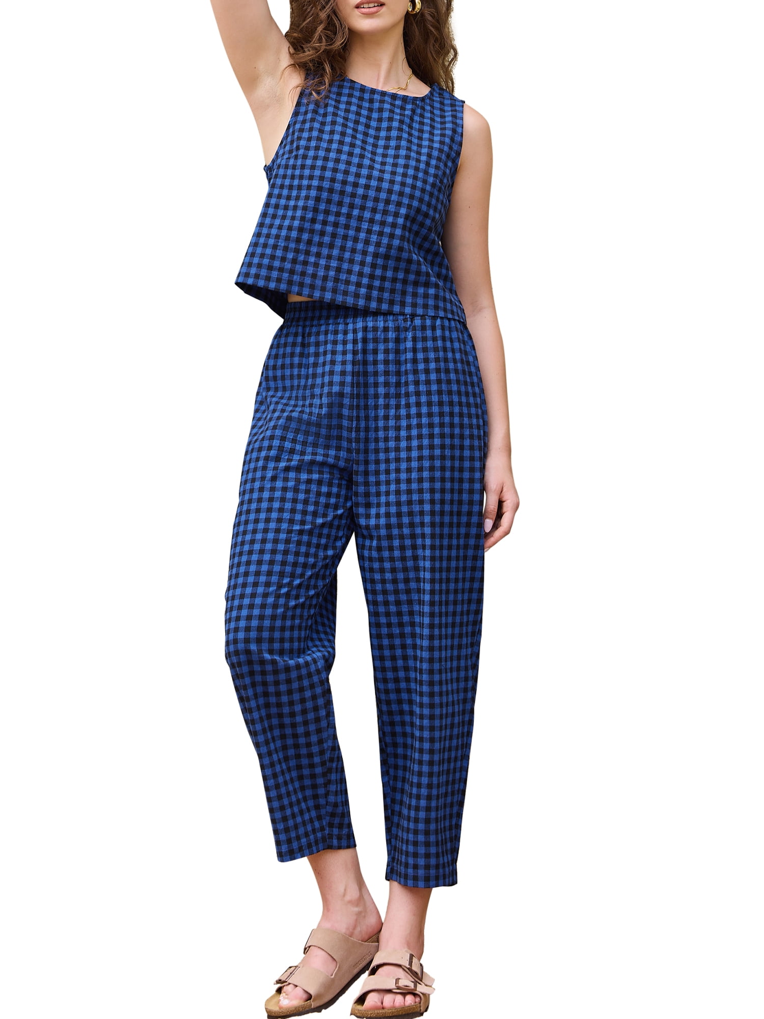 DARING DIVA Women's Gingham Pants Set 2 Piece Outfits Sleeveless Crop Top XL Dark Blue