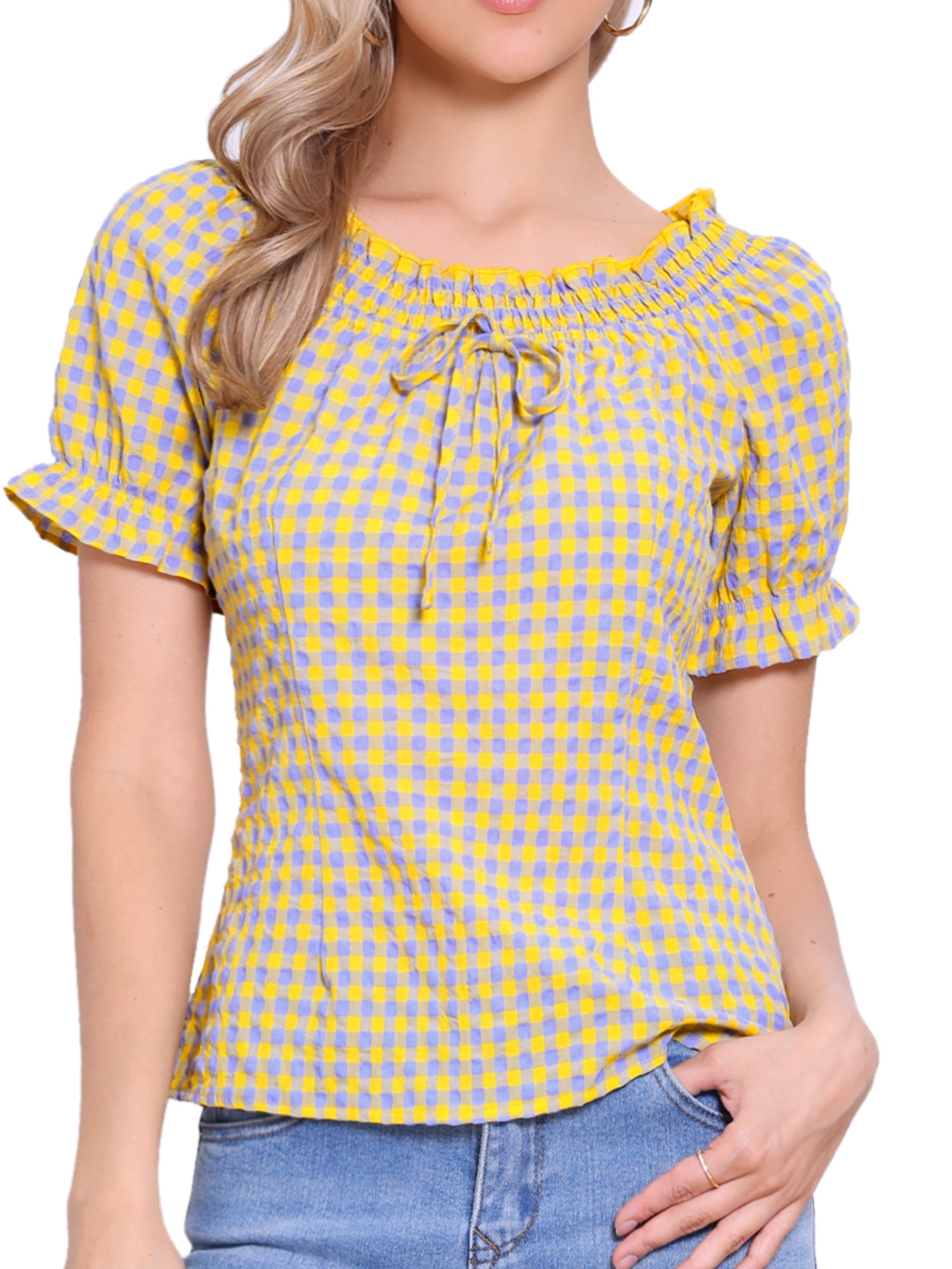 DARING DIVA Women's Gingham Plaid Peasant Round Neck Puff Sleeve Tops XL Purple Yellow