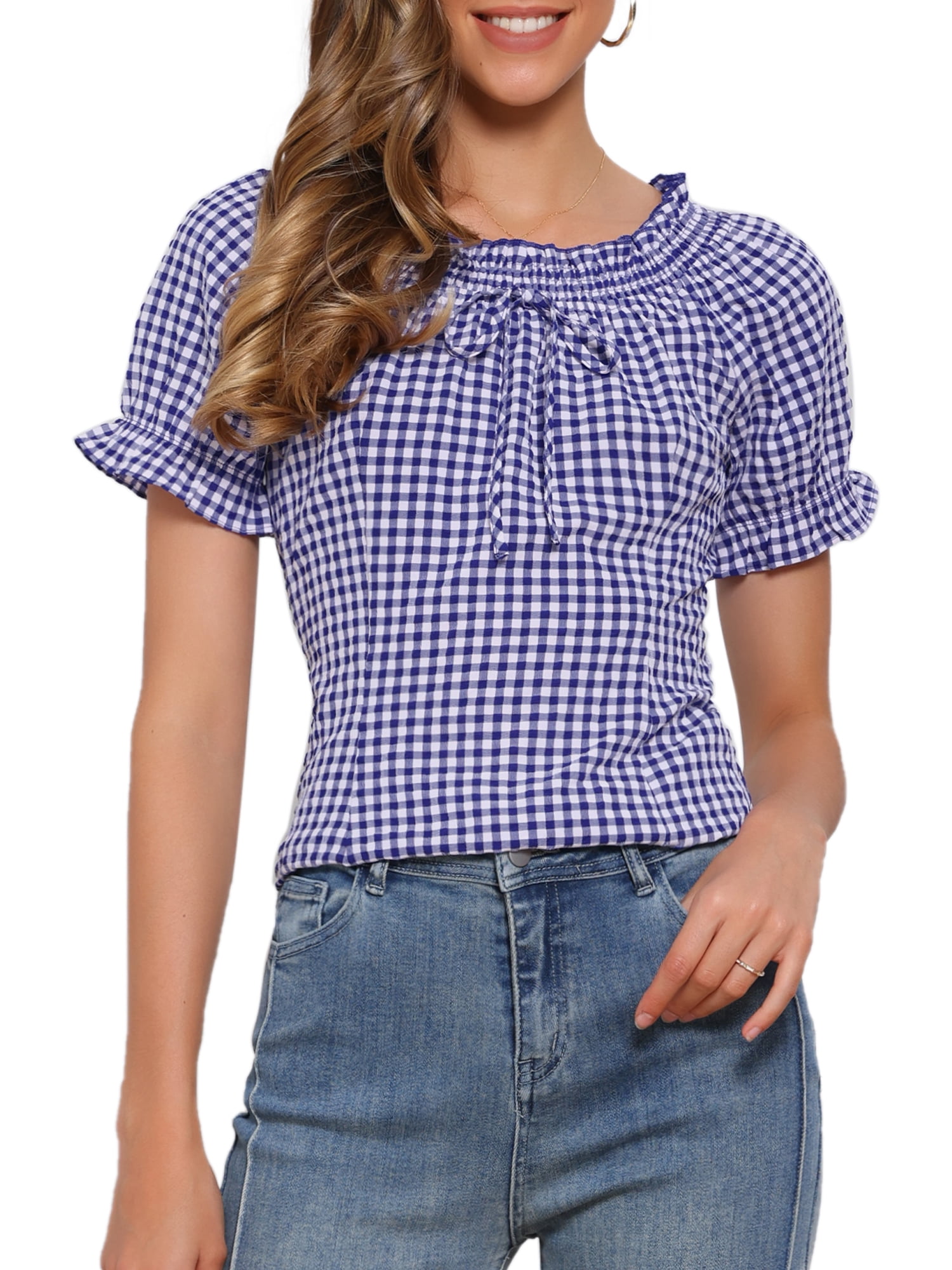 DARING DIVA Women's Gingham Plaid Peasant Round Neck Puff Sleeve Tops XS Dark Blue