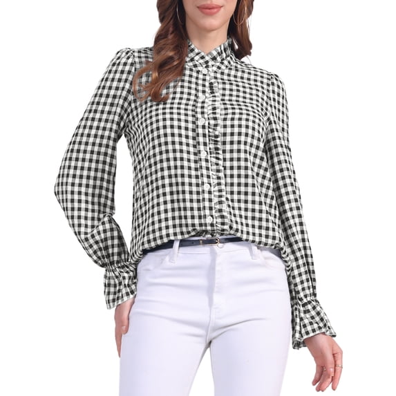 DARING DIVA Women's Gingham Ruffle V Neck Button Front Long Sleeve Blouse S Black