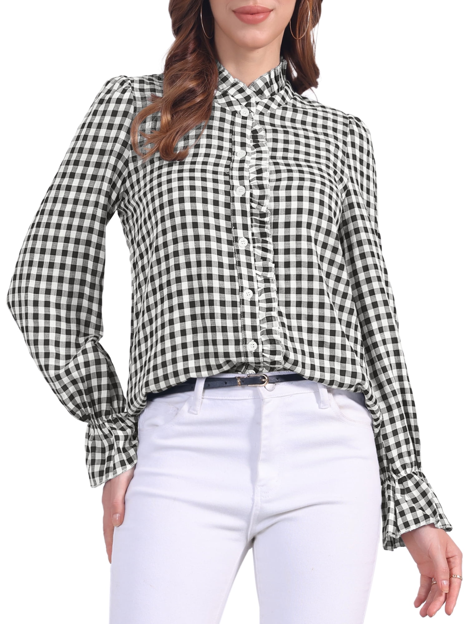 DARING DIVA Women's Gingham Ruffle V Neck Button Front Long Sleeve Blouse XL Black