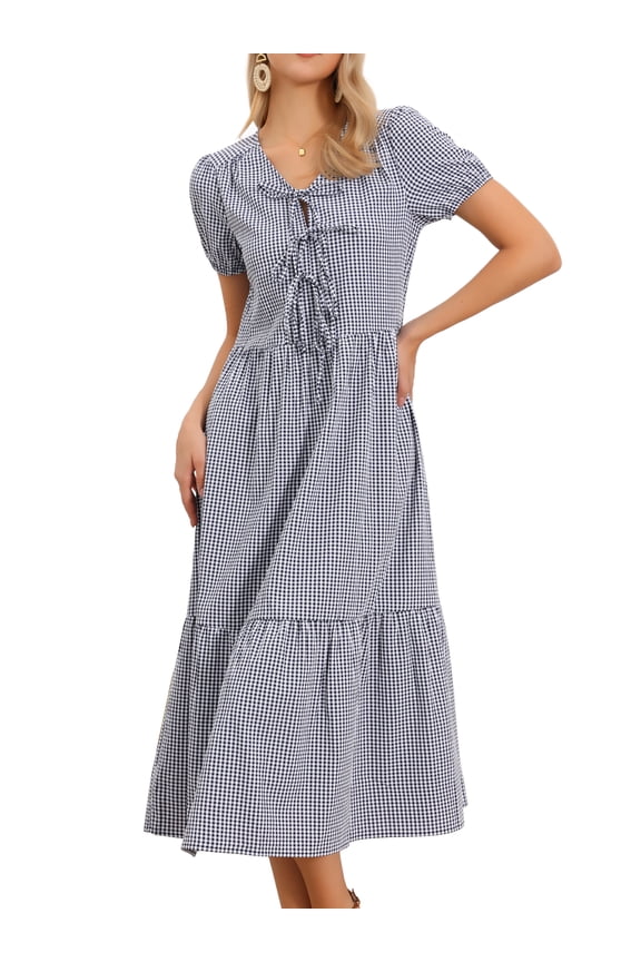 Women's Gingham Short Sleeve Midi Flowy Tie Front Dress L Black Blue
