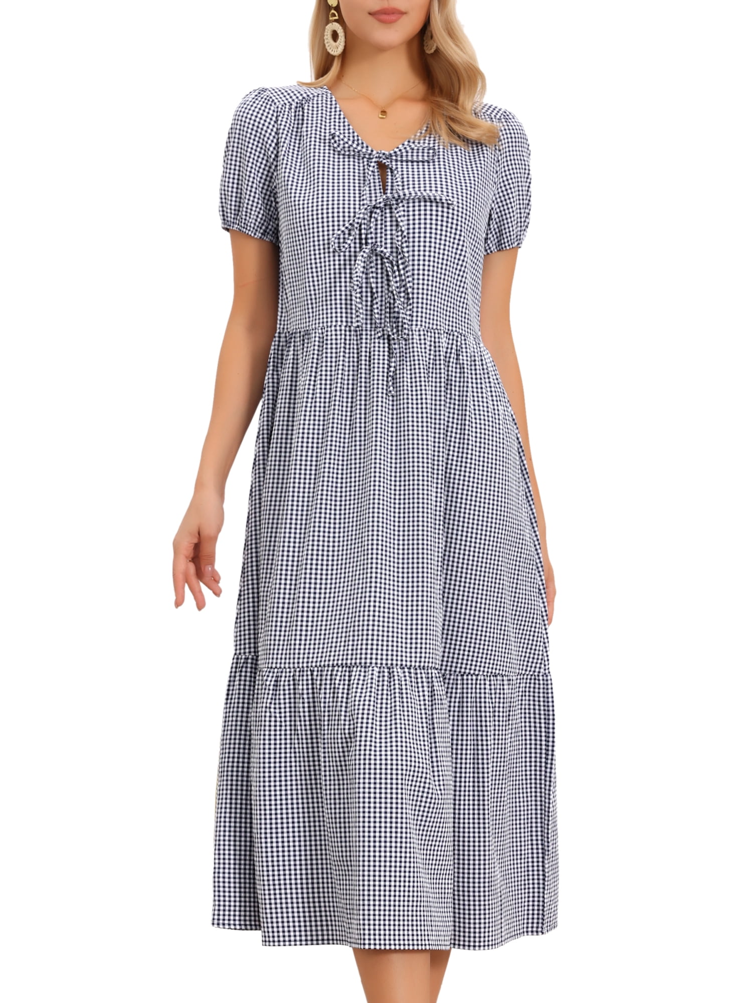 DARING DIVA Women's Gingham Short Sleeve Midi Flowy Tie Front Dress M Black Blue