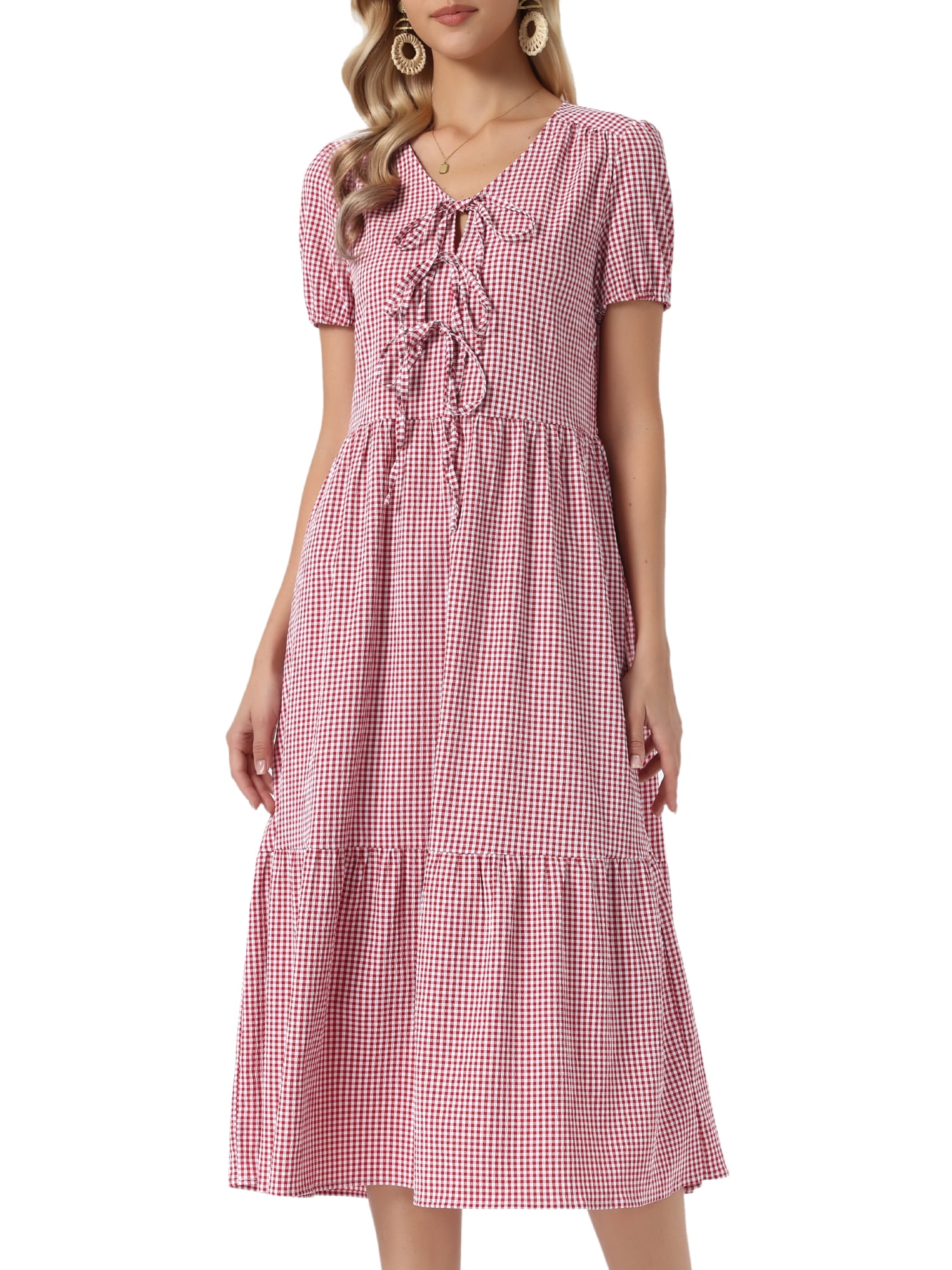 DARING DIVA Women's Gingham Short Sleeve V-Neck Midi Flowy Tie Front Dress S Dark Red