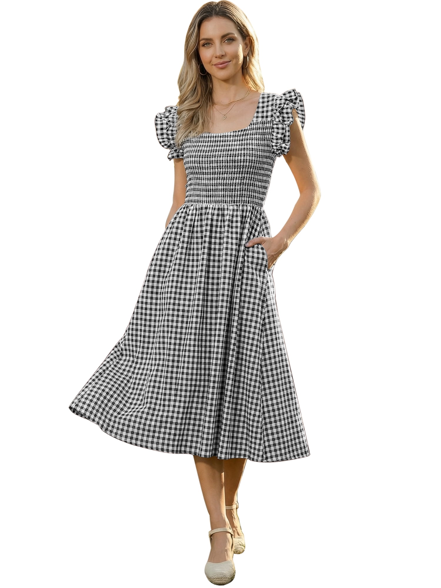 DARING DIVA Women's Gingham Sleeveless Summer Ruffle A-Line Casual Midi Dresses XS Black