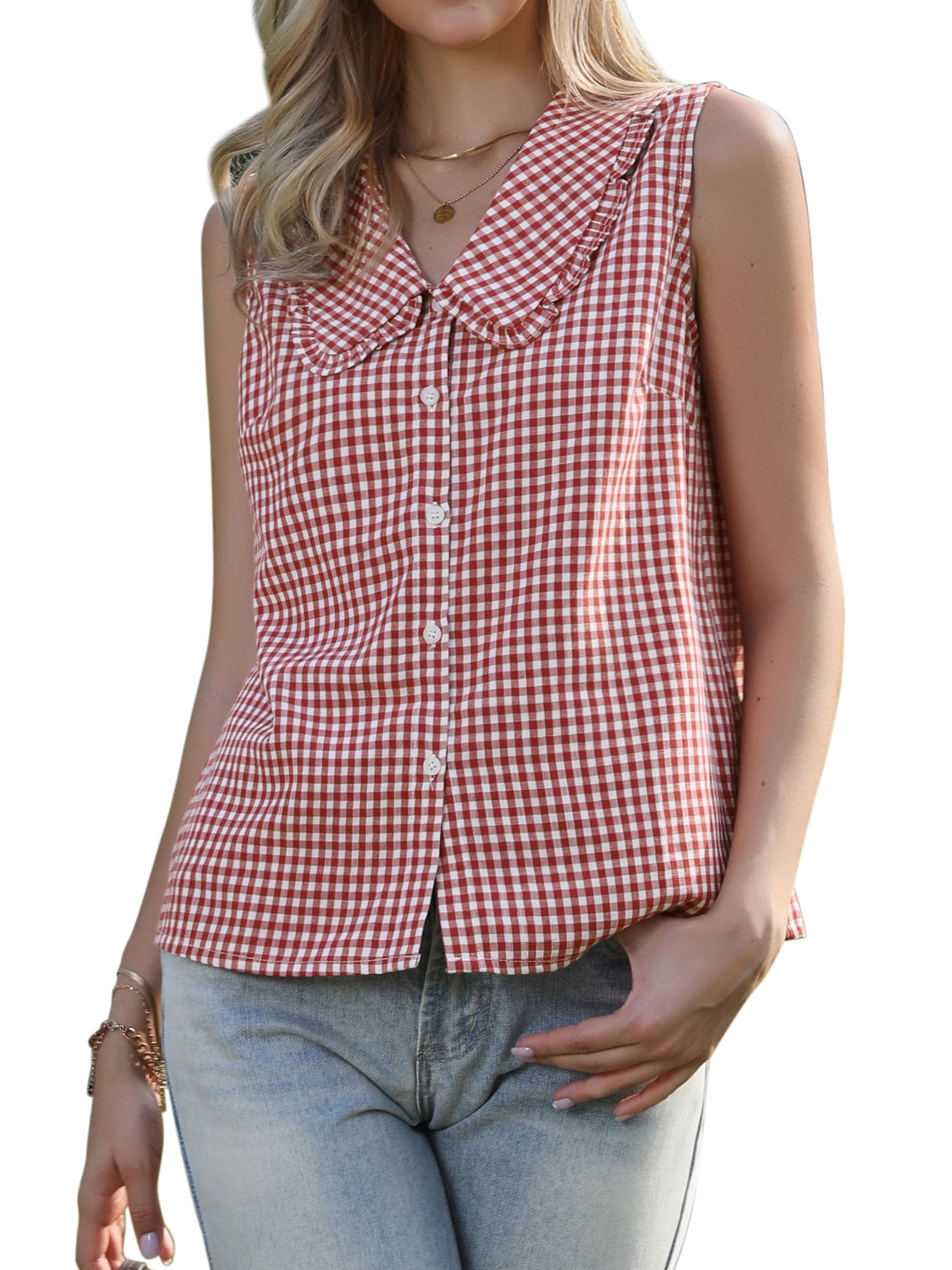DARING DIVA Women's Gingham Sleeveless Tops Peter Pan Collar Ruffled Trim Blouse L Red