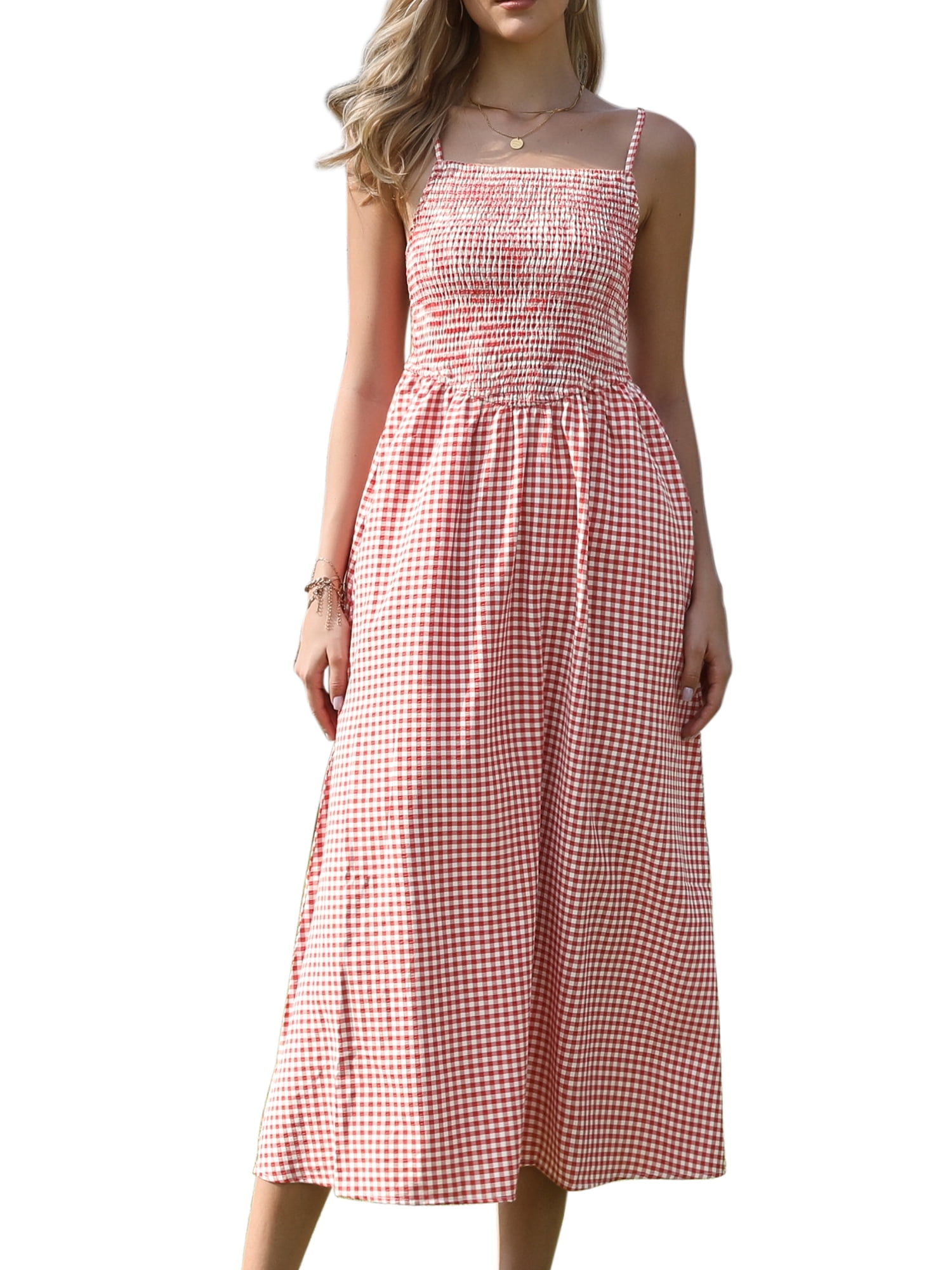 DARING DIVA Women's Gingham Spaghetti Strap Flowy Plaid Smocked Dress L Red
