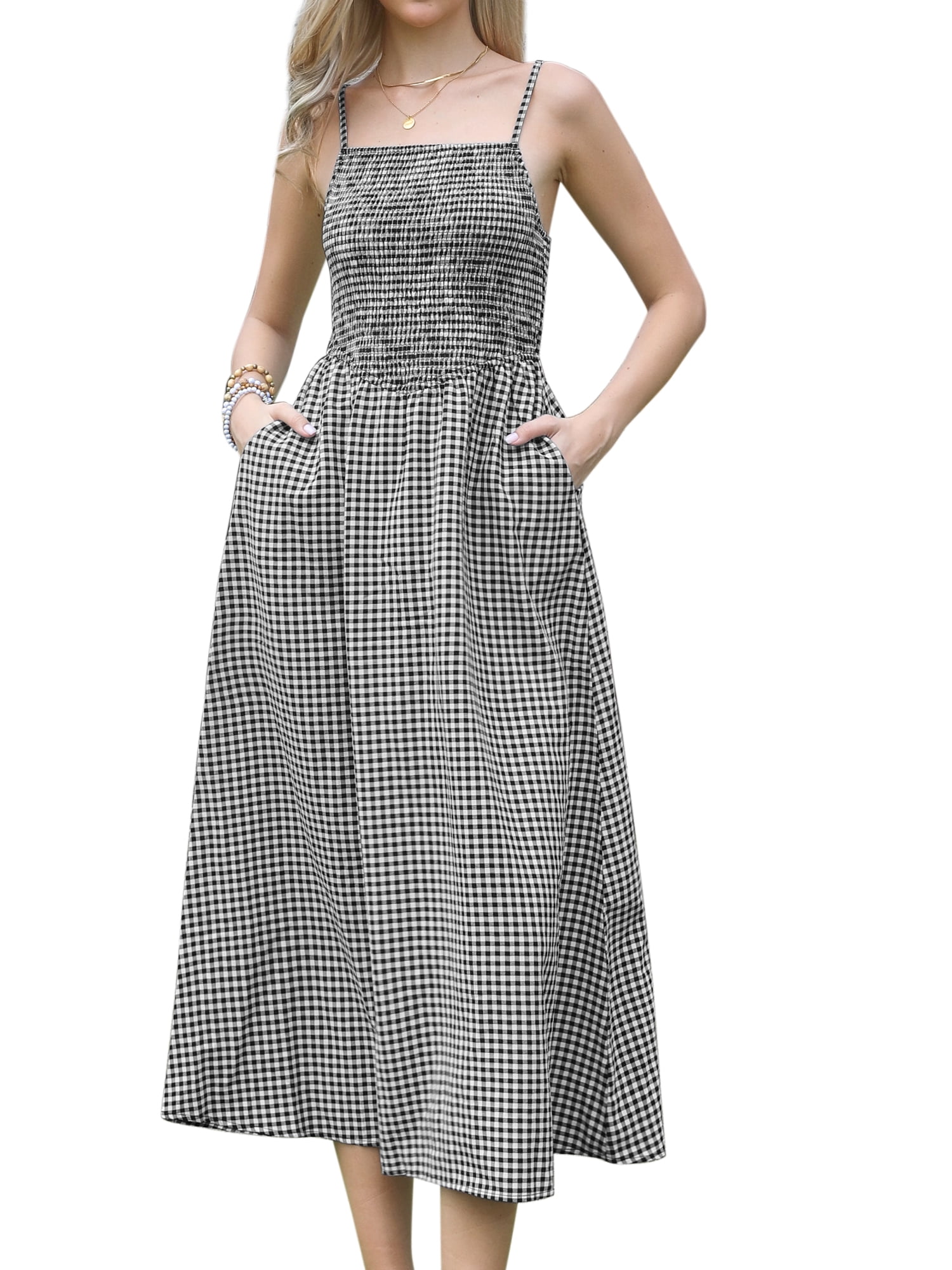 DARING DIVA Women's Gingham Spaghetti Strap Flowy Plaid Smocked Dress M Black