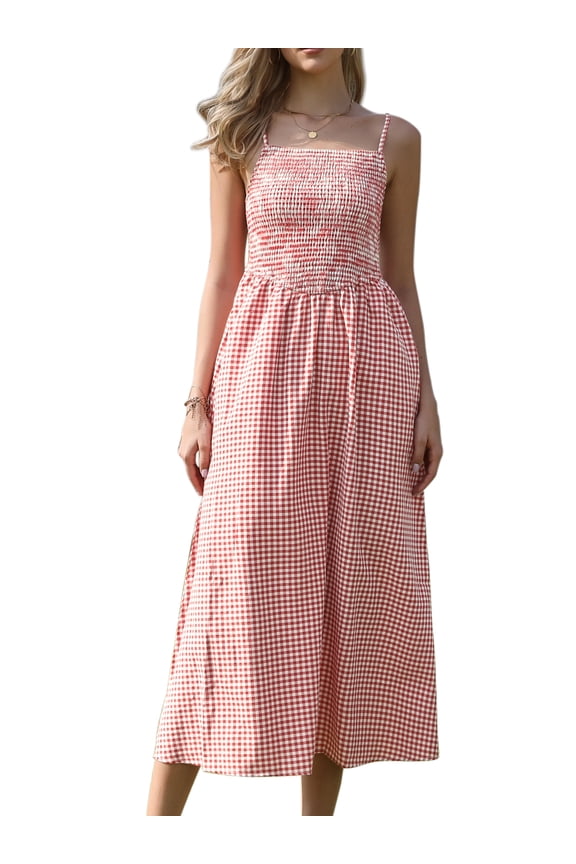 Women's Gingham Spaghetti Strap Flowy Plaid Smocked Dress XL Red
