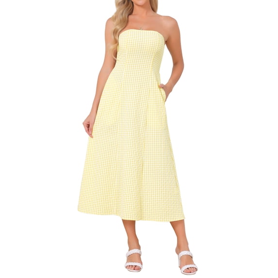 DARING DIVA Women's Gingham Strapless Maxi Summer Casual Sundress Large Yellow