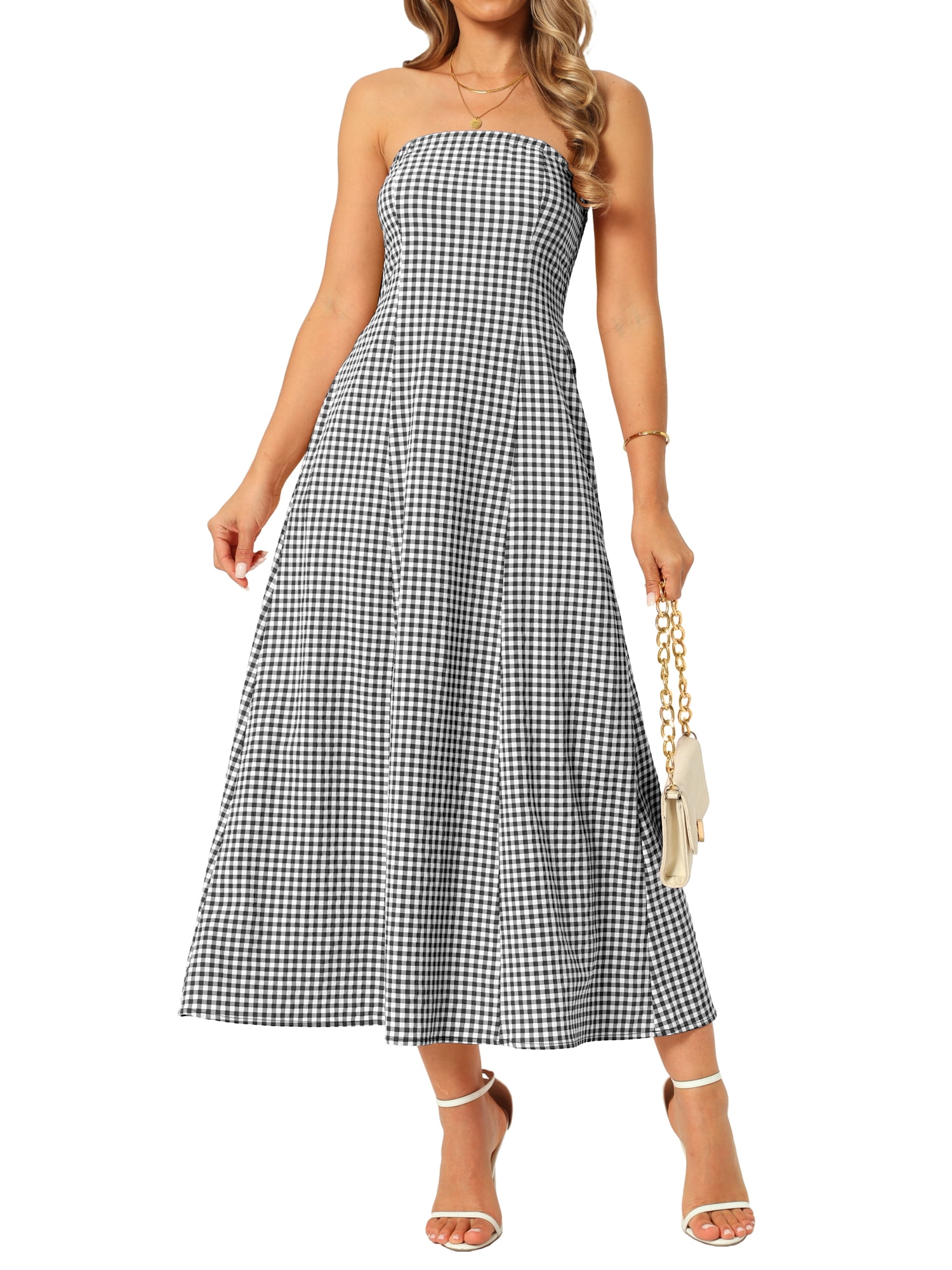 DARING DIVA Women's Gingham Strapless Maxi Summer Casual Sundress M Black