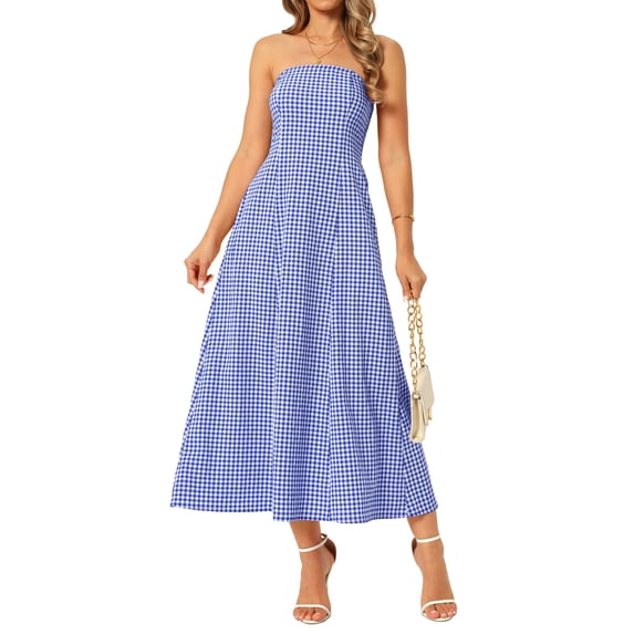 DARING DIVA Women's Gingham Strapless Maxi Summer Casual Sundress M Blue
